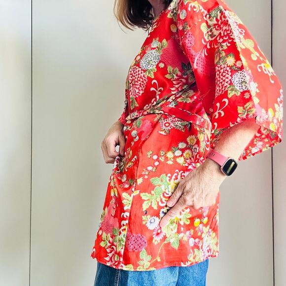 Vintage 70s Kimono Short Robe Orange floral Print Belted Pockets Loungewear Pool - Picture 4 of 8